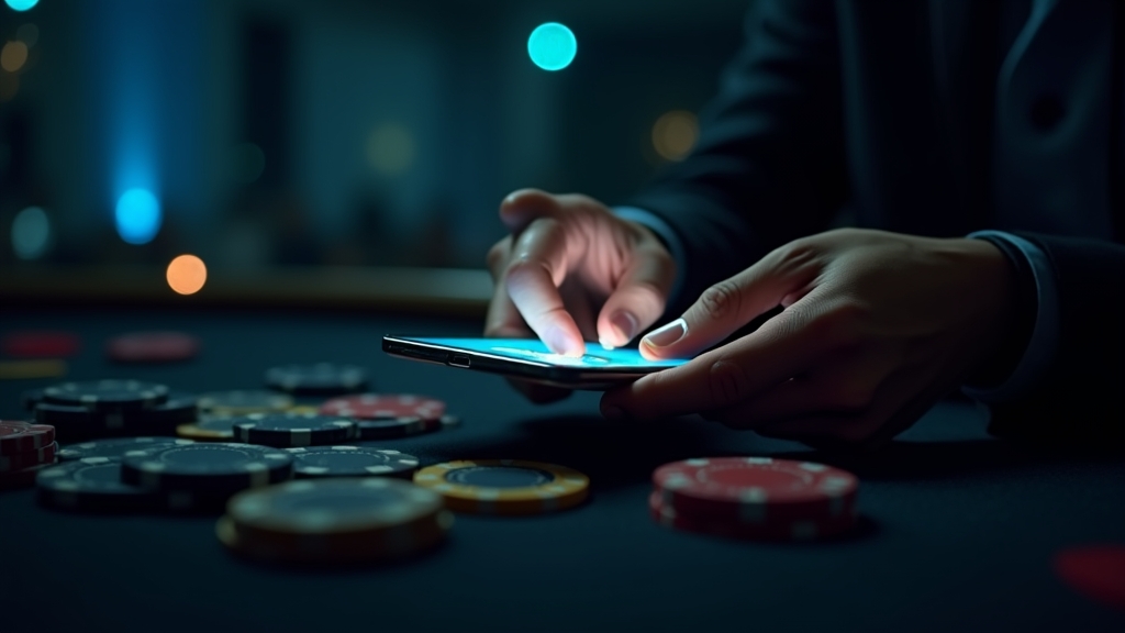 Jogador a fazer um depósito seguro num telemóvel num ambiente de casino digital