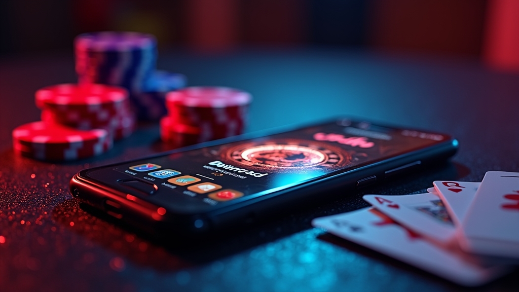 Telemóvel com página de download do Luckycapone num ambiente de casino escuro