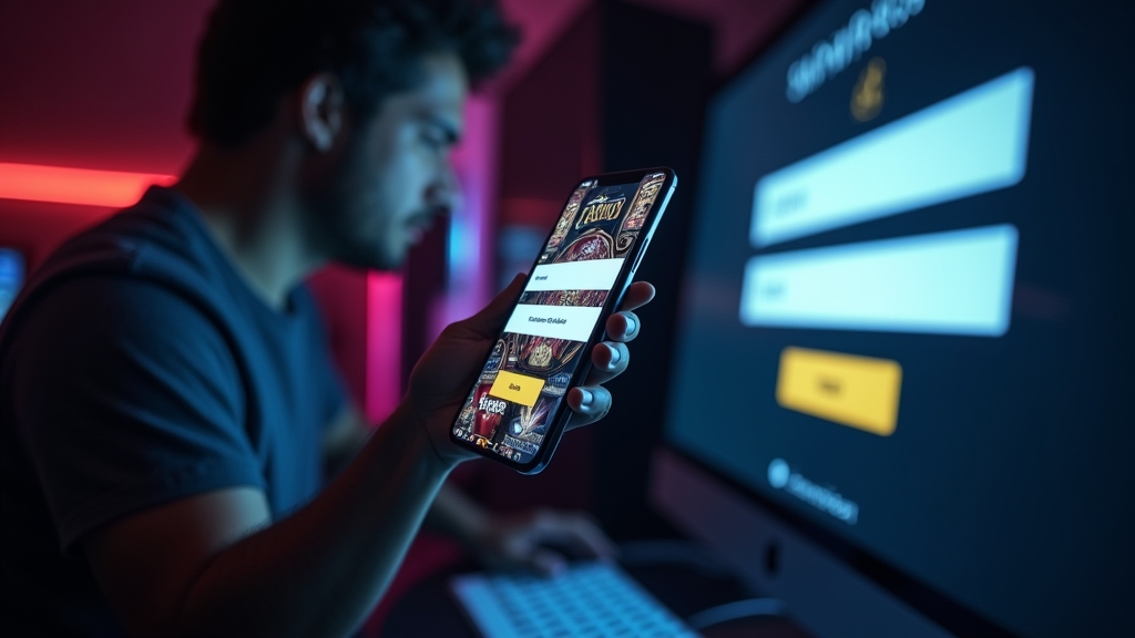 Smartphone e computador com ecrãs de acesso num ambiente de casino escuro