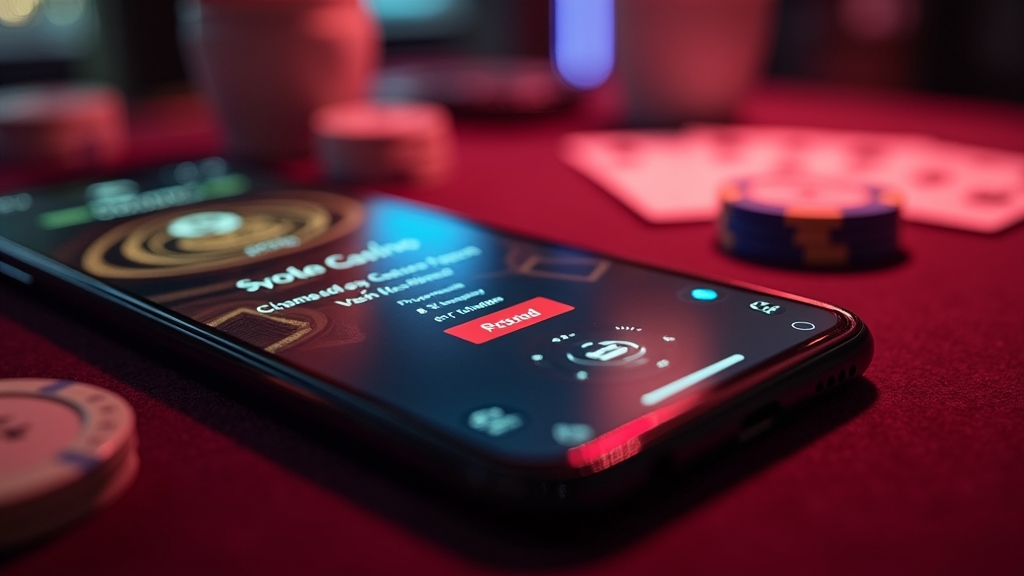 iPhone com página compatível do Luckycapone num ambiente de casino escuro
