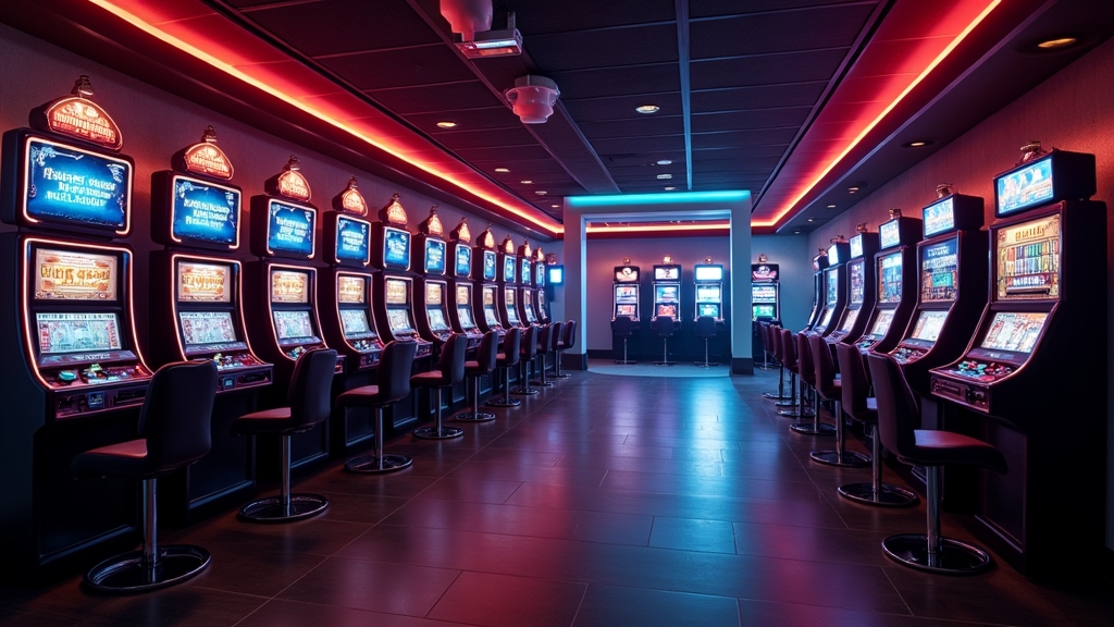 Lobby de casino escuro com banners de bónus e luzes de slot machines