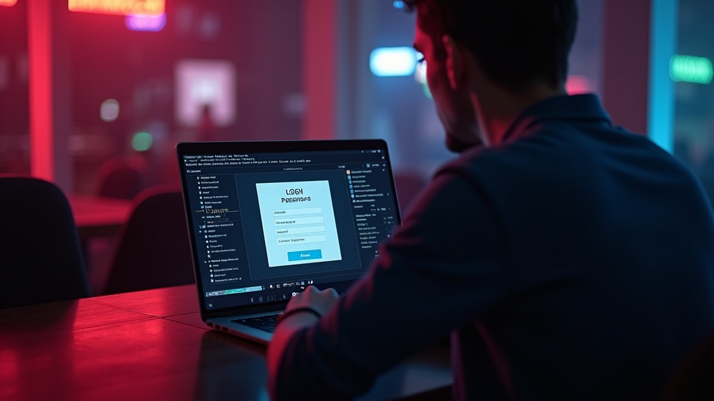 Ecrã de login com erro e utilizador a rever a senha num computador
